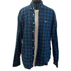 Express Button‑Up Plaid Dress Shirt - Teal Navy, Large (L)